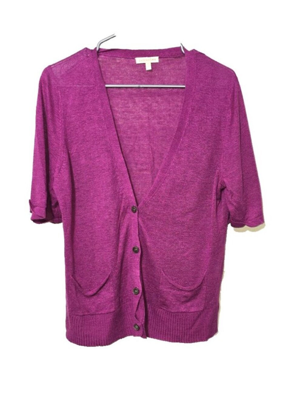 Eileen Fisher Button Up Cardigan L Purple Silk Linen Purple Pockets Italian Yarn